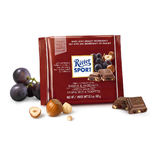 RITTER SPORT რძიანი შოკოლადი ქიშმიშით და თხილით 100 გრ/4000417022004