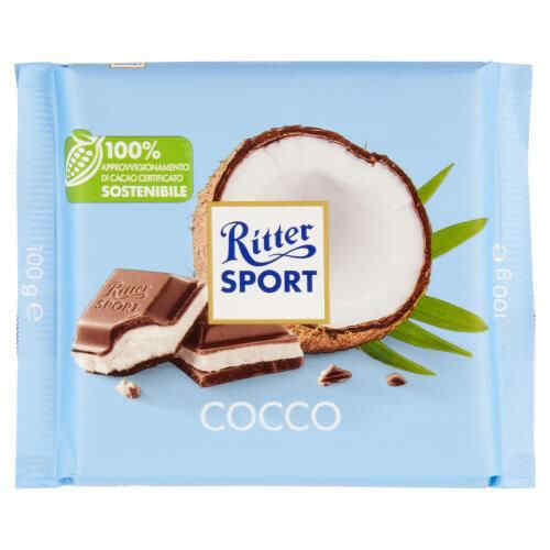 Ritter sport- რძიანი შოკოლადი მთლიანი ნუშით და ქოქოსის შიგთავსით 12*100 გ