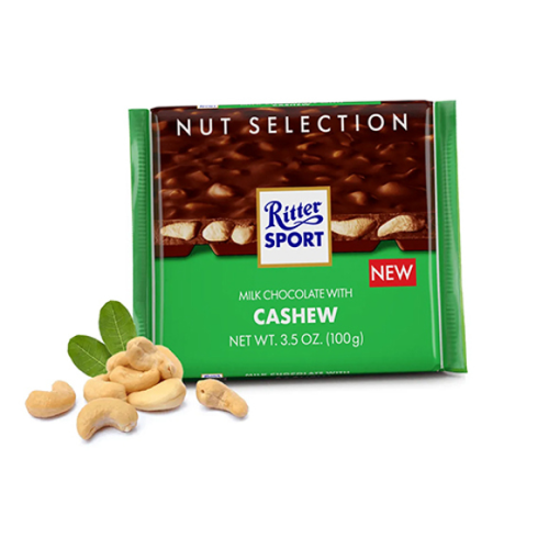 RITTER SPORT რძიანი შოკოლადის ფილა მარილიანი ქეშიუ-100გ/4000417707000