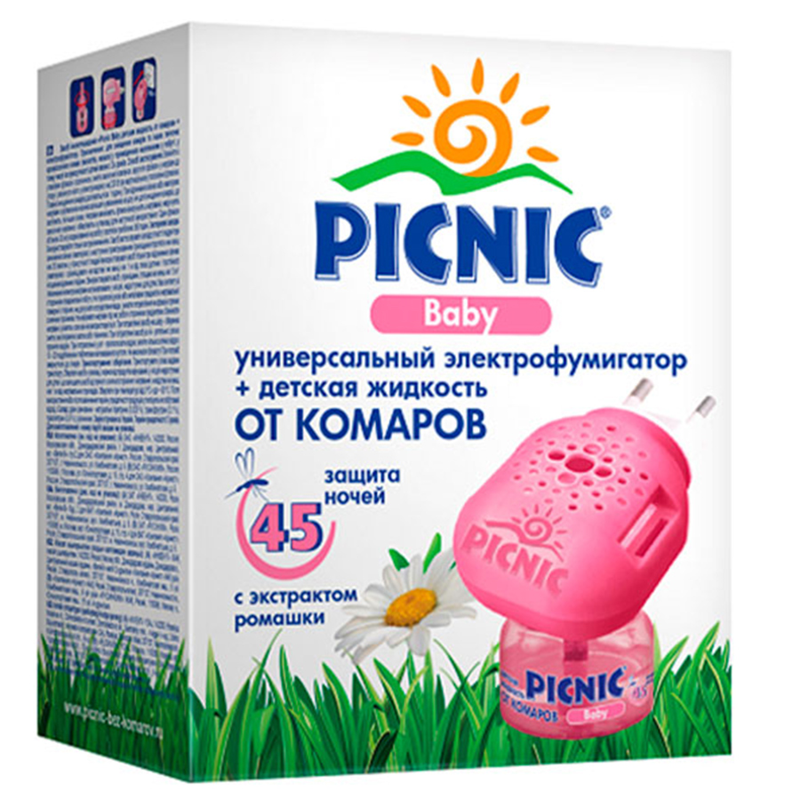 PICNIC Baby კოღოების საწინააღმდეგო ნაკრები, ელექტრო ფუმიგატორი და სითხე 45 დღე (პიკნიკ)