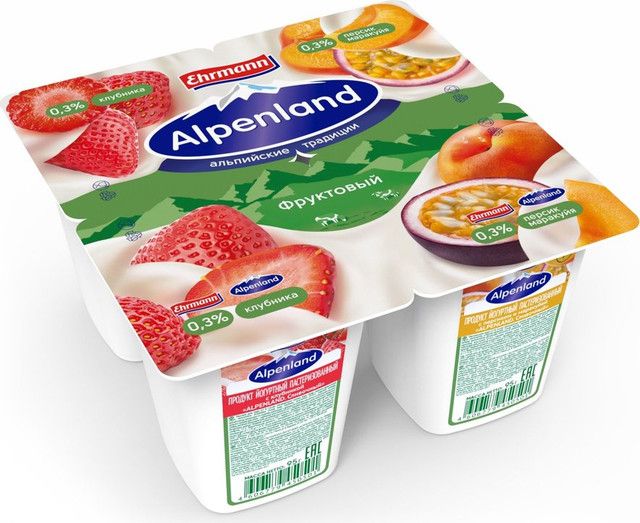 იოგურტი ალპენლანდი 4*95გრ 0.3% მარწყვი/ატამი / 4606779450501
