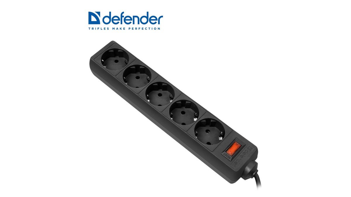 DEFENDER დამაგრძელებელი 5 ჩასართველით, 3 მეტრიანი, ჩამრთველით, შავი