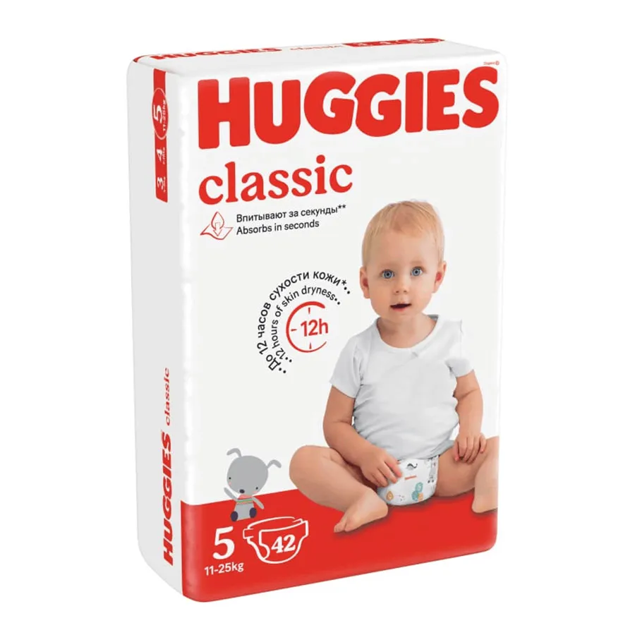 HUGGIES საფენი კლასიკი 5 ზომა 42 ცალი 11-25 კგ (ჰაგისი)
