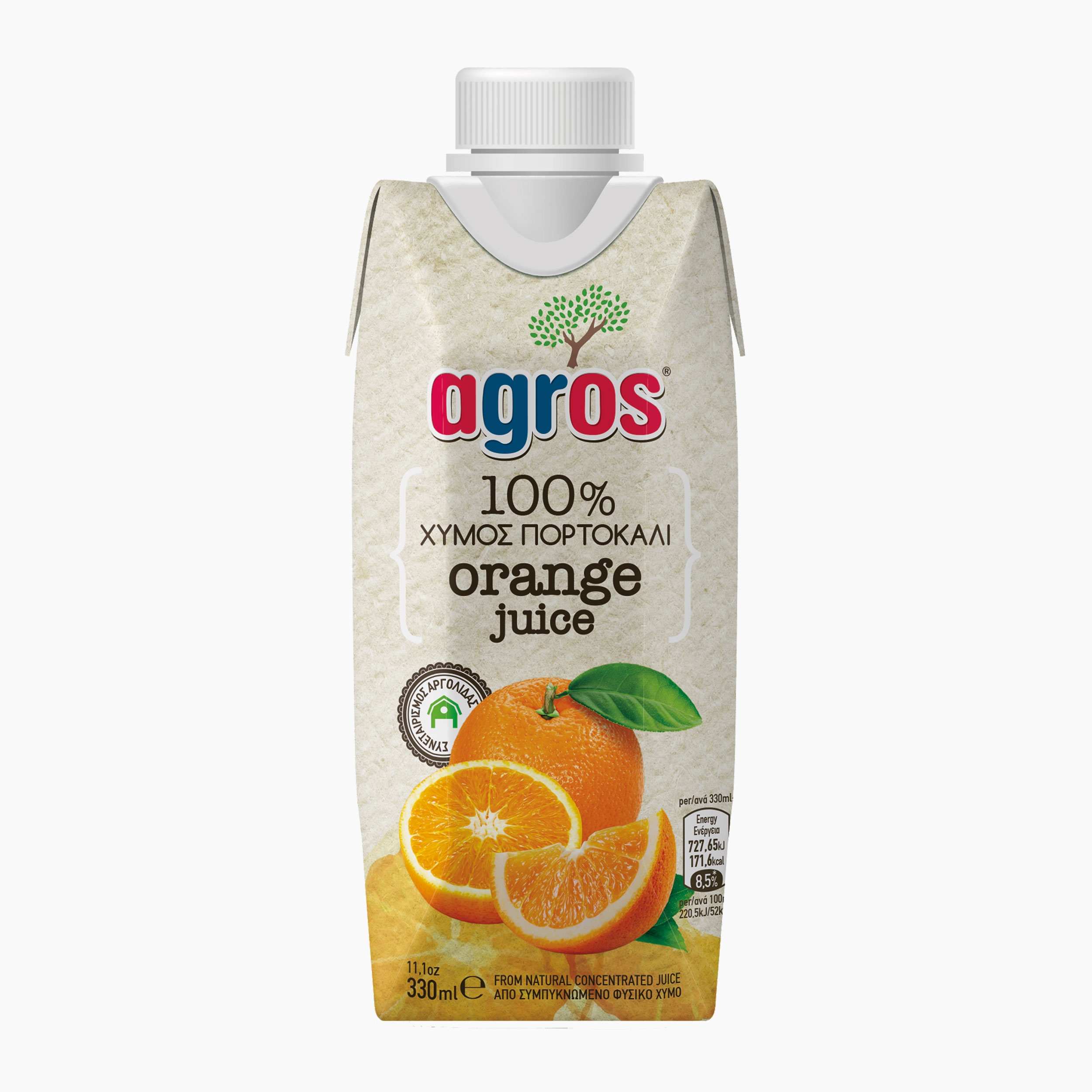 AGROS ნატურალური წვენი 100% ფორთოხალი 0.33მლ 5202908000570