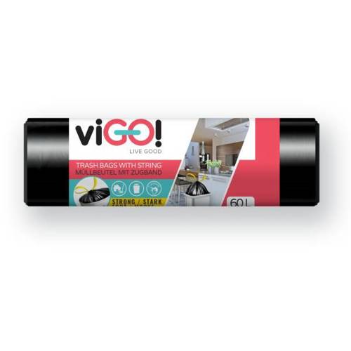 ნაგვის პარკი / LDPE სიმებით 60ლტ /15ც, შავი / viGO!