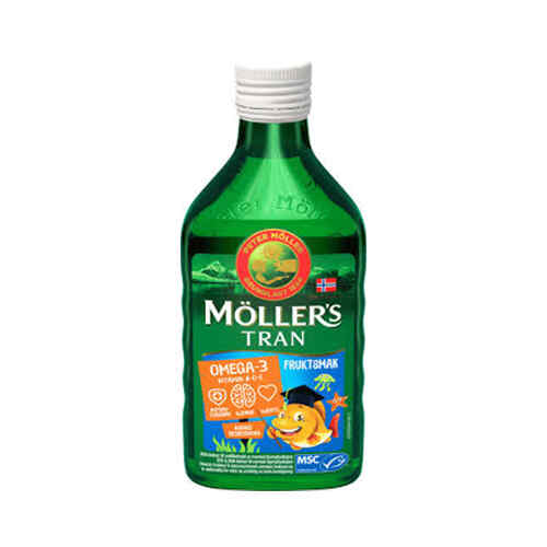 თევზის ქონი - MOLLERS COD LIVER OIL OMEGA-3, AROMA TUTTI FRUTTI, 250 ML
