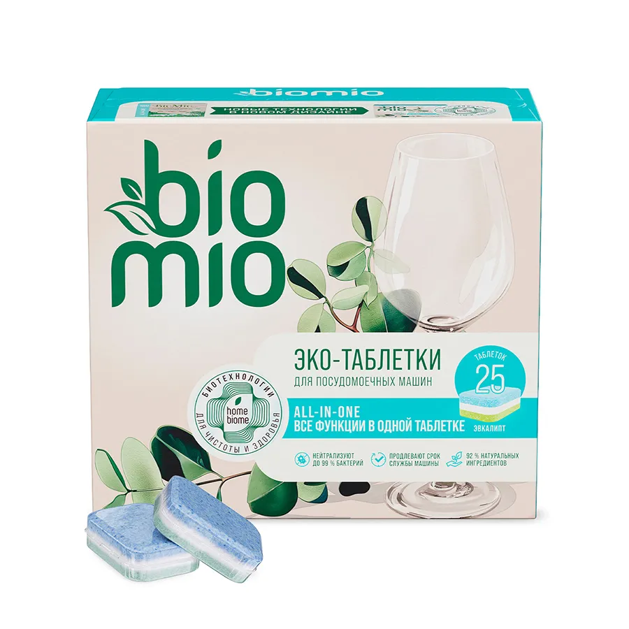 BIOMIO ჭურჭლის სარეცხი მანქანის ტაბლეტი ევკალიპტი 16 გრ, 25 ც (ბიომიო)