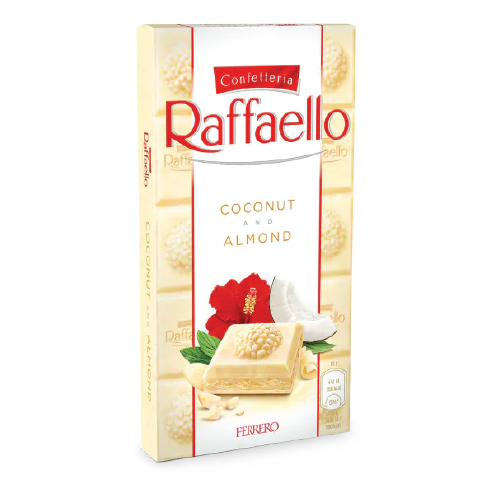 შოკოლადის ფილა / RAFFAELLO /თეთრი შოკოლადი ქოქოსით და ნუშით 90გ