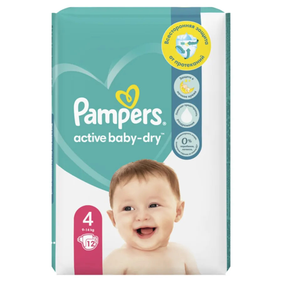 PAMPERS ACTIVE BABY DRY 4 ზომა საფენი 12 ცალი 9-14 კგ (პამპერსი)
