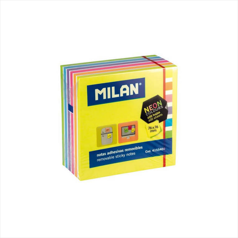 MILAN-ფურცლები ჩასანიშნი სუპერ წებოვანი, 400 ფურცლიანი, ყვითელი-ფერადი. 76 x 76მმ.MILAN