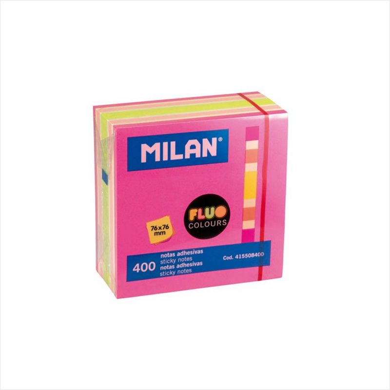 MILAN-ფურცლები ჩასანიშნი სუპერ წებოვანი, 400 ფურცლიანი, ვარდისფერი- ფერადი, 76 x 76მმ.MILAN