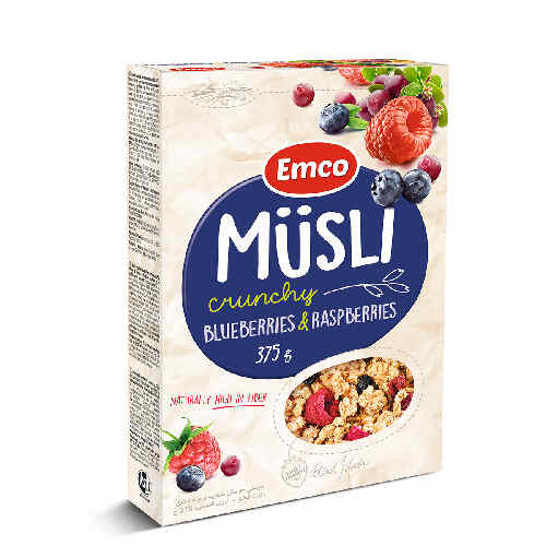 EMCO ხრაშუნა გრანოლა მოცვი ჟოლო375გ/8594017142515