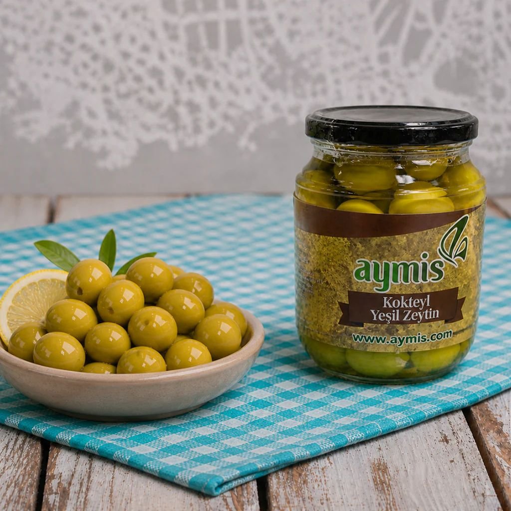 AYMIS მწვანე ზეთისხილი 400 გრ. KOKTEYL შუშის ქილაში