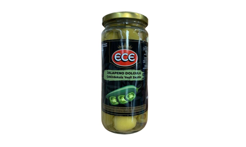 ECE მწვანე ზეთის ხილი 480 გრ. დაჭრილი წიწიაკით JALAPENO