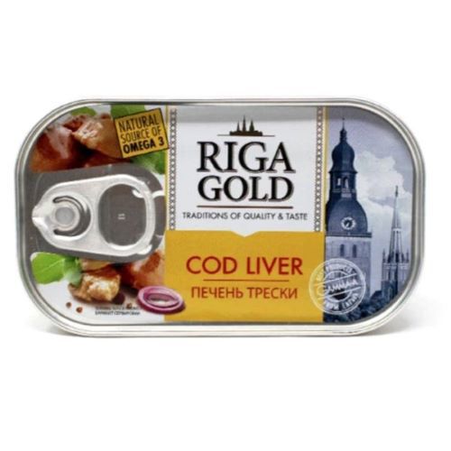 თევზის კონსერვი /Gama/ Riga Gold ნორვეგიის ზღვის ვირთევზის ღვიძლი თავის ზეთში/ 12*121 გრ
