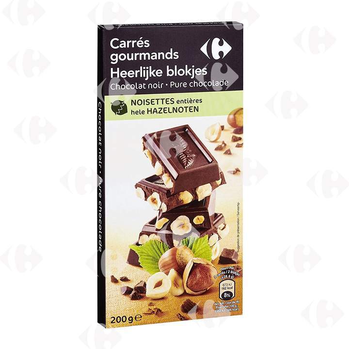 Carrefour Carrés Gourmands შავი შოკოლადის პლანშეტი თხილით, 200 გ