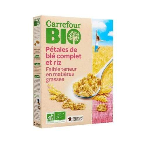 Carrefour ბიო ეკოლოგიური ხორბლისა და ბრინჯის ფანტელები მთელი მარცვლოვანი ხორბლის ფქვილით 300 გ