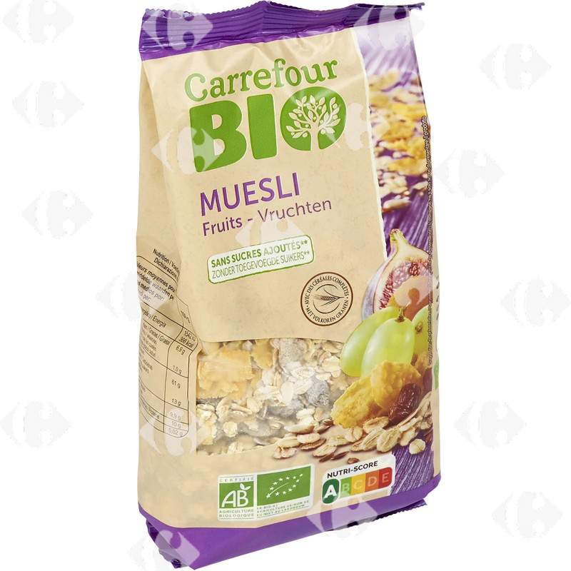 Carrefour Bio მარცვლეულის ფანტელები და გამხმარი ხილი ორგანული მიუსლი 375გ