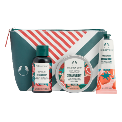 ბოდი შოპი - სასაჩუქრე ნაკრები AYR25 G2 ჩანთა მარწყვი შხ.გელი 60მლ. ტანის კარაქი 50მლ. ხელის კრემი 30მლ