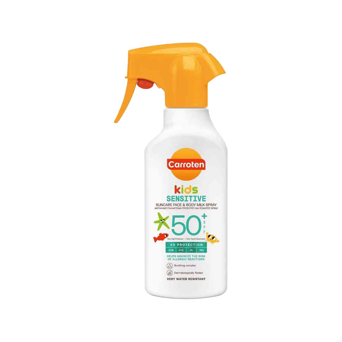 საბავშვო მზისგან დამცავი სახის რძე-სპრეი SPF50+ 270 მლ 0555 კაროტენი - Carroten